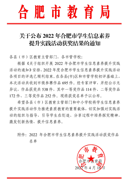 合肥七中在2022年合肥市學(xué)生信息素養(yǎng)提升實(shí)踐活動(dòng)中再創(chuàng)佳績(圖2)