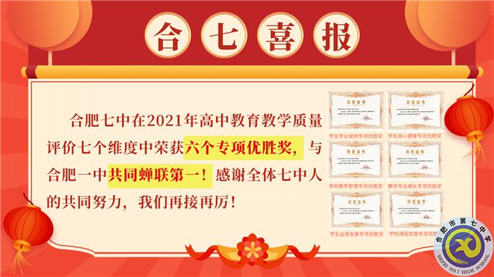 合肥七中在2021你那高中教學(xué)質(zhì)量評(píng)價(jià)中榮獲六個(gè)A專項(xiàng)優(yōu)勝獎(jiǎng)，與合肥七中共同蟬聯(lián)第一！.jpg